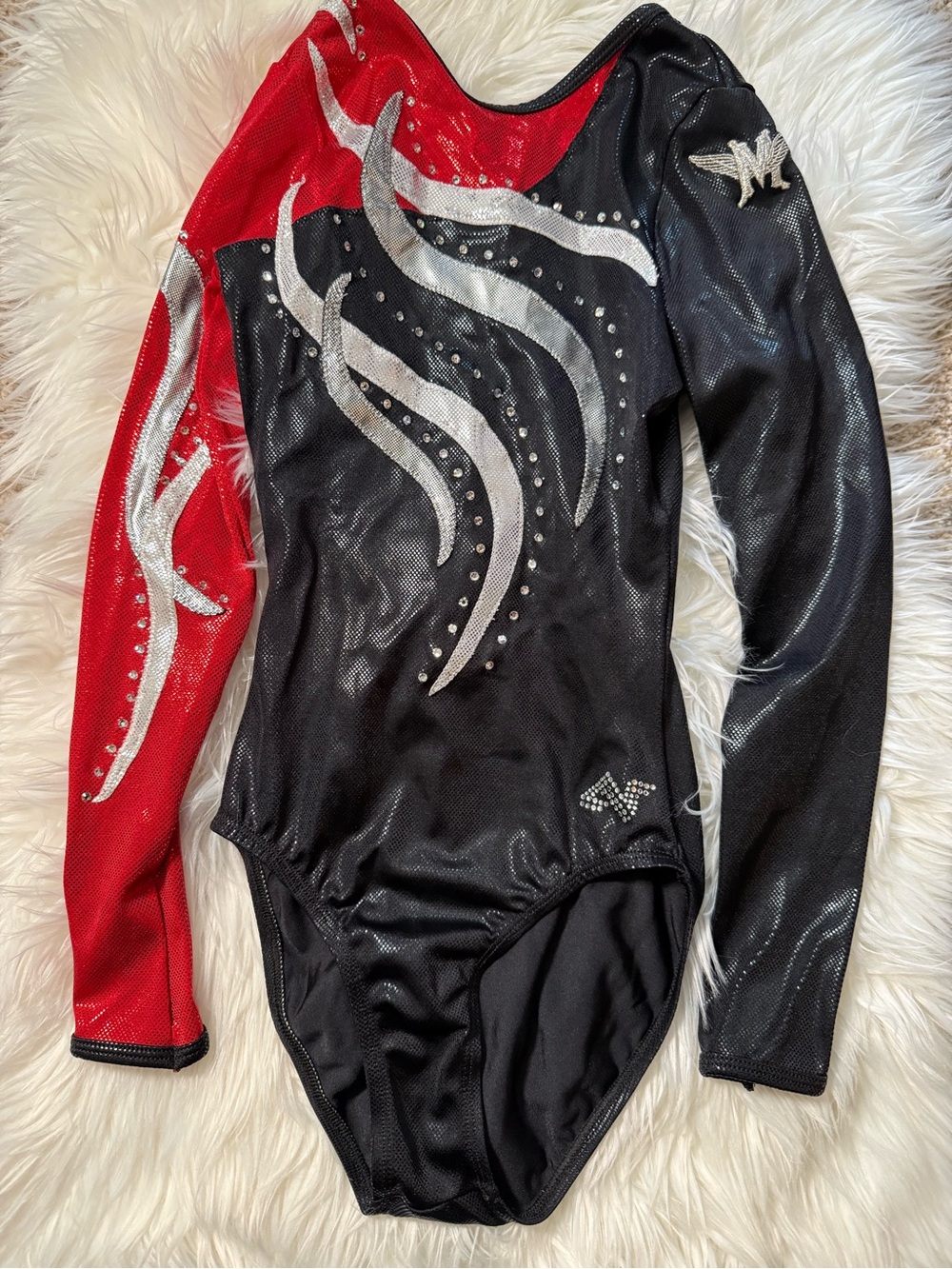 Alpha Factor Gymnastics Leotard Adult Medium AM Black Red Silver Rhinestone